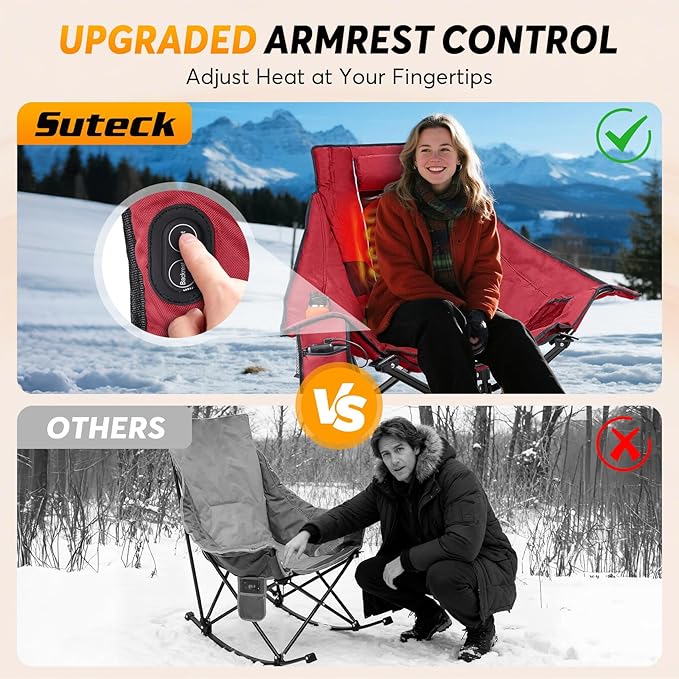 Suteck Heated Rocking Camping Chair - Fully Thicker Padded Heated Chairs for Outdoor Sports W/3 Heat Levels for Back & Seat, Heated Folding Chair for Adults with Carry Bag- Battery NOT Included