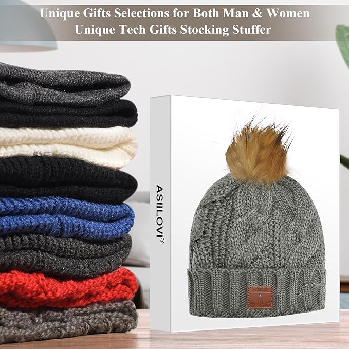 Bluetooth Beanie, Double-Layer Wool Lining Bluetooth Hat Beanie with Pom Pom for Women/Teen Girls/Family, 20hrs Playing, Gift Packaging for Christmas Stocking Stuffers Thanksgiving (03-Gray)