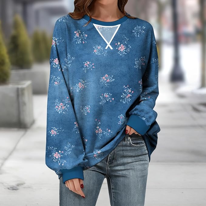 Womens Sweatshirts Fahsion Floral Print Long Sleeve Comfy Fall Tops Oversized Casual Crewneck Pullover Shirts