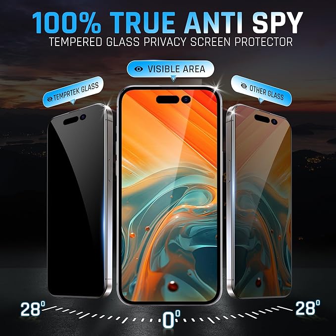 TEMPRTEK+ 2 Pack for iPhone 14 Pro Privacy Screen Protector Privacy 9H Military Grade Scratch Fingerprint Resistance Anti-Glare Shatterproof Tempered Glass Anti-Spy Easy Installation Bubble Free