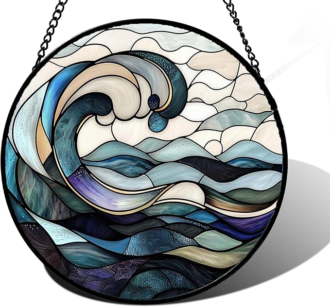 Stained Glass Window Hanging, Ocean Waves Sun Catchers Diamond Glass Panel Hangings Abstract Suncatcher Decor for Birthday for Women, Men, Wife, Aunt, and Mom 6.3 in