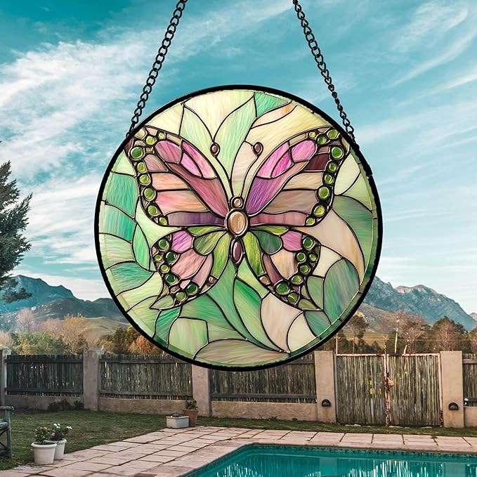 Stained Glass Window Hanging 4 Pcs Set Pink Green Insect Theme 9.8" - Butterfly Suncatcher Door Garden Sun Catcher Decor Birthday Christmas for Mom Woman Nana Men