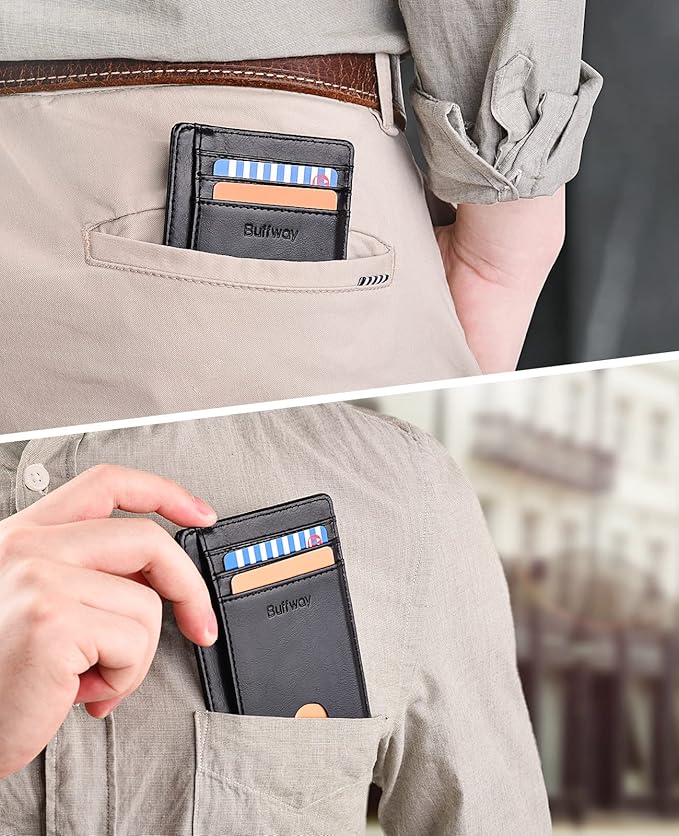 Buffway Slim Minimalist Front Pocket RFID Blocking Leather Wallets for Men and Women - Alaska Brown