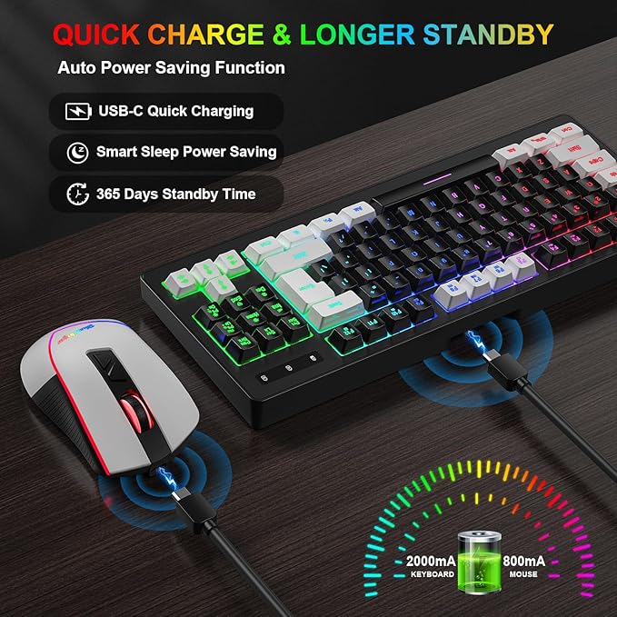 BlueFinger Wireless Gaming Keyboard and Mouse Combo, RGB Rainbow Backlit Rechargeable Battery, 87 Keys TKL Light Up Keyboard with Ergonomic Gaming Mouse for Mac Laptop Computer PC Gamer(White & Black)