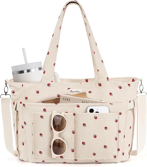 Corduroy Tote Bag for Women, 17 Pockets Laptop Work Tote Lightweight Teacher Nurse Bible Shoulder Bag for School Daily Travel