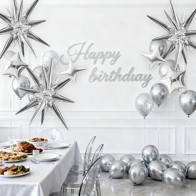 TONIFUL 22Inch 15Pcs Silver Large Explosion Star Mylar Balloons and 10Inch Four Pointed Star Balloons Set for Christmas New Year Birthday Wedding Bridal Shower Anniversary Photo Booth Supplies