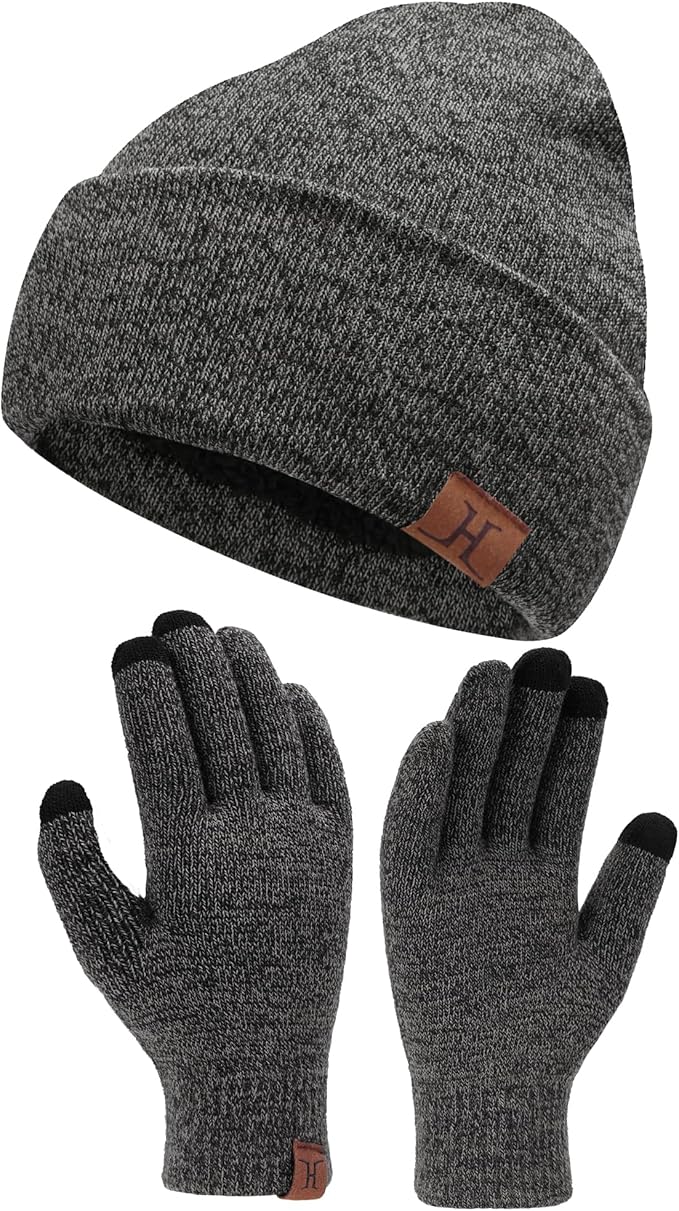 Winter Warm Beanie Hat Touchscreen Gloves Set, Soft Skull Cap Gloves Set for Men and Women with Warm Knit Fleece Lined