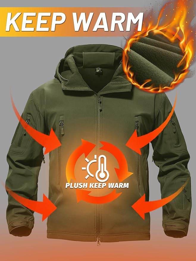 TACVASEN Men's Special Ops Military Tactical Soft Shell Winter Warm Fleece Lined Jacket Rain Hood Coat Hiking Snowboard