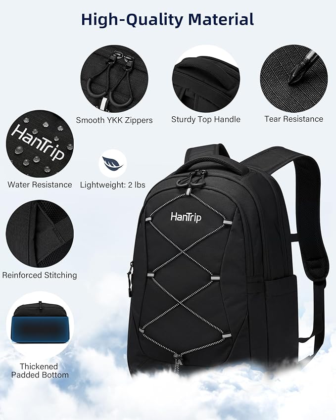 Travel Laptop Backpacks for Women Men, Large Work Backpack for Commuter College School Book Bags, Reflective Water Resistant Backpack with Luggage Strap Water Bottle Pocket Chest Strap, Black