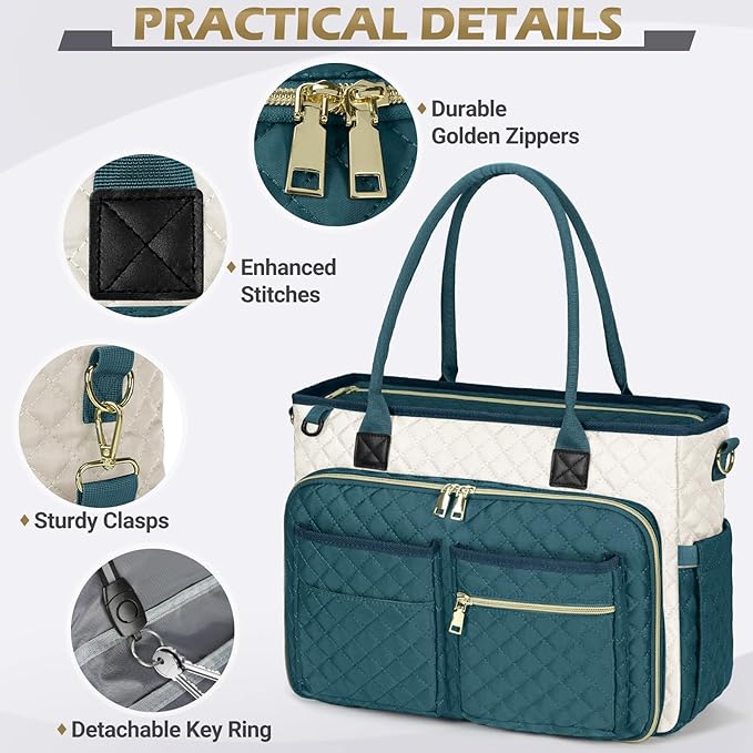 RAINSMORE Teacher Tote Bag 15.6 inch Laptop Bag for Women Work Bags Laptop Tote Nurse Bag Professional Computer Messenger with Insulated Pocket, Laptop Briefcase for Office, College,Green-white