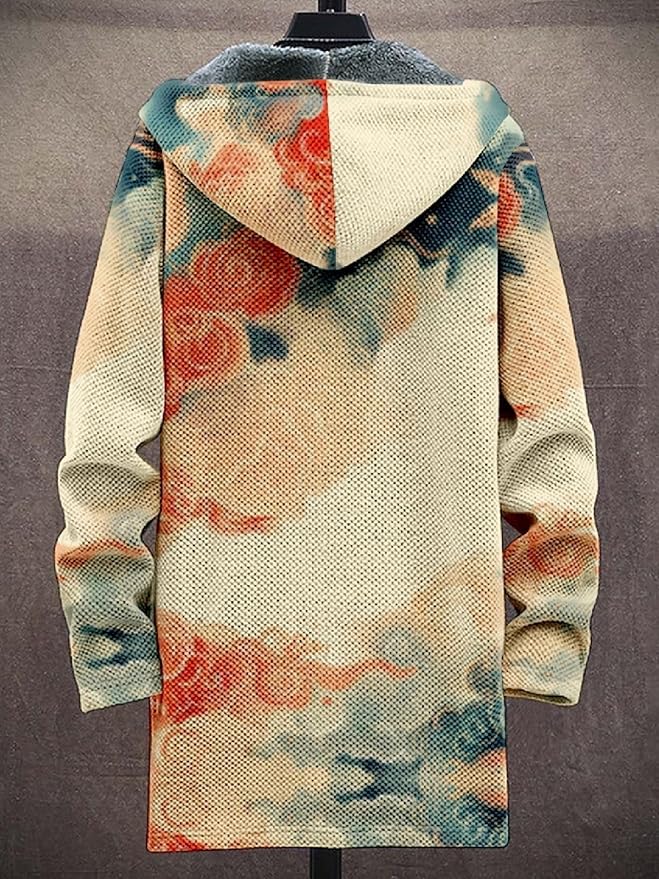 2025 Men's Ethnic Pattern Hooded Jacket Long Cardigan Hoodies Full Zip Vintage Knitted Zipper Coat with Pocket