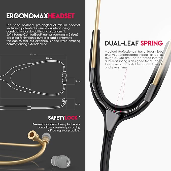 MDF Instruments, Acoustica Lightweight Stethoscope for Doctors, Nurses, Students, Home Health Use, Adult, Dual Head, Black Tube, Gold Chestpiece-Headset, MDF747XPK11