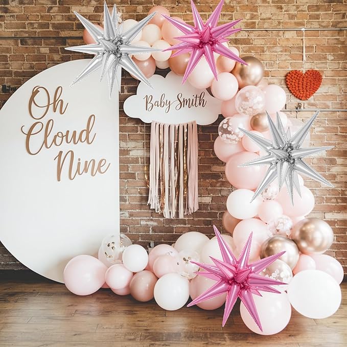 6PCS Star Balloons, 22Inch Large Pink Silver Star Balloon Explosion Foil Balloons Cone Spike Balloon for Birthday Graduation Wedding Anniversary Party Backdrops Decorations