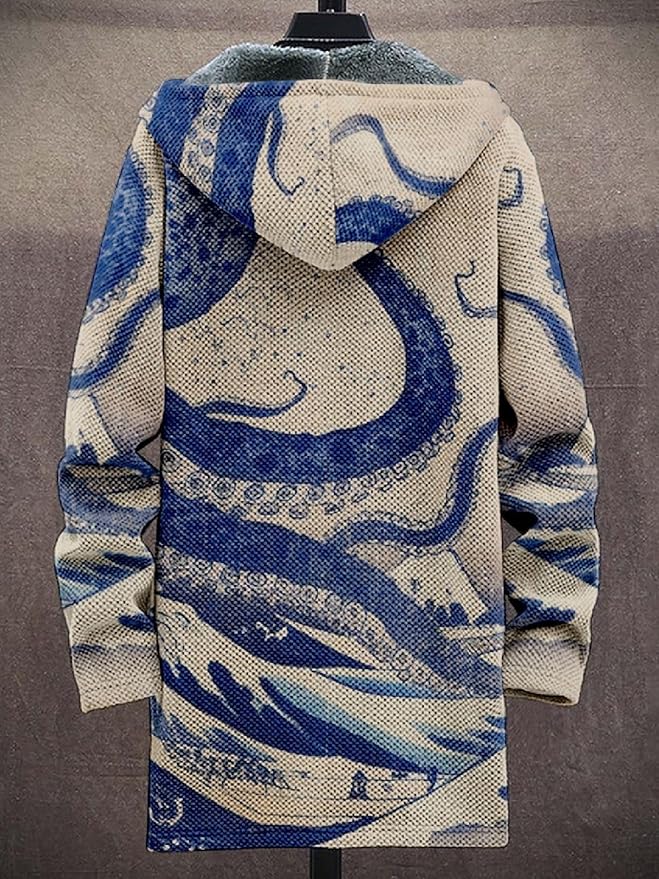 2025 Men's Ethnic Pattern Hooded Jacket Long Cardigan Hoodies Full Zip Vintage Knitted Zipper Coat with Pocket