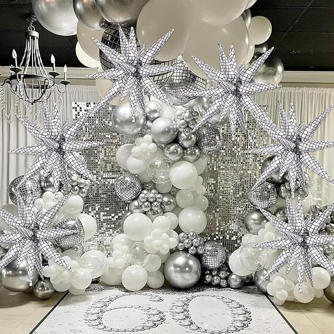6PCS Star Balloons Iridescent Disco, 22 Inch Large Silver Star Balloon Foil Balloons Christmas Party Balloon for Birthday Christmas Disco Bachelorette Wedding Anniversary Party Backdrops Decorations