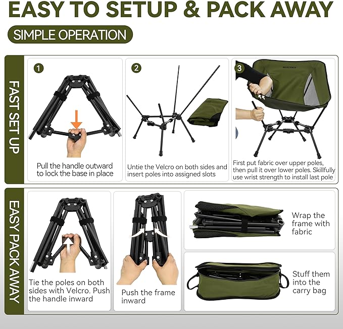 MARCHWAY Lightweight Folding Camping Chair, Portable Foldable Compact for Outdoor Camp, Travel, Beach, Picnic, Festival, Hiking, Backpacking, Supports 330Lbs (Green)