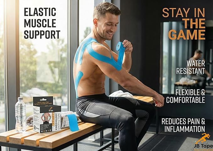 JB Tape Kinesiology Tape – 80 Precut 10-Inch Strips – Blue – Elastic, Latex-Free, Water Resistant – Athletic Muscle & Joint Support – 4 Rolls