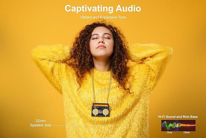 Portable Mini Bluetooth Wireless Speaker Retro Wearable Boombox, 27 Inch Necklace, FM Radio, On Board Buttons, Dual 6W Peek Power Micro Speakers, Long Lasting Battery