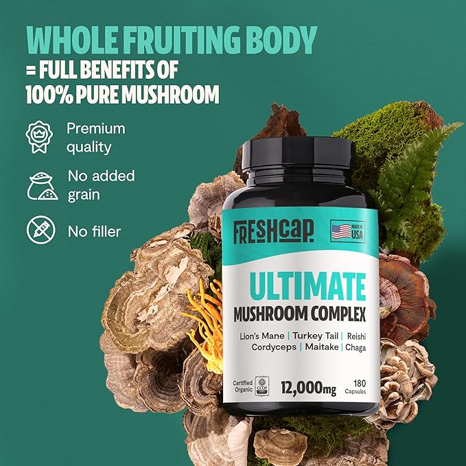 FreshCap Ultimate Mushroom Supplement 12,000mg - Nootropic Complex Capsules, Organic Mushrooms Immune Support, Brain Supplements for Memory and Focus, Ayurveda Nootropic (180 Capsules)