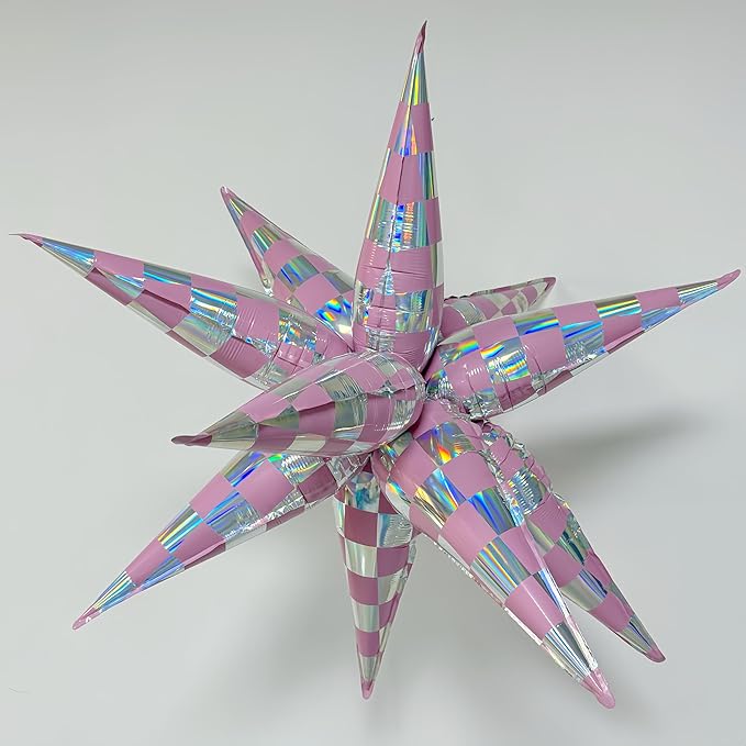 2 * 12Pcs Pink Silver Holographic Checkered Explosion Star Foil Balloons/Iridescent Balloons for Y3K Girl, KPOP Idol Demon Hunters Singer Party/Tayl Popular Singer Concert Birthday(2Pcs Pink Laser)
