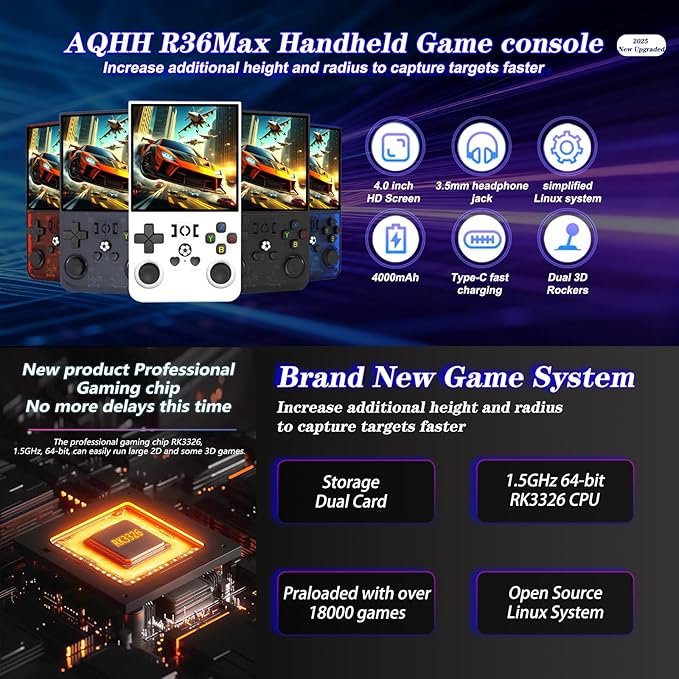 R36MAX 4000mAh Portable Rechargeable Handheld Retro Game Console,Comfort Non-Slip Handheld Standing Retro Game Console with 64G TF Car,4.0-inch Screen,for Office,Black