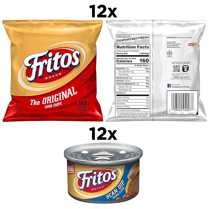 Frito Lay Fritos Original Chips and Bean Dip Cans Variety Pack, (Pack of 24)