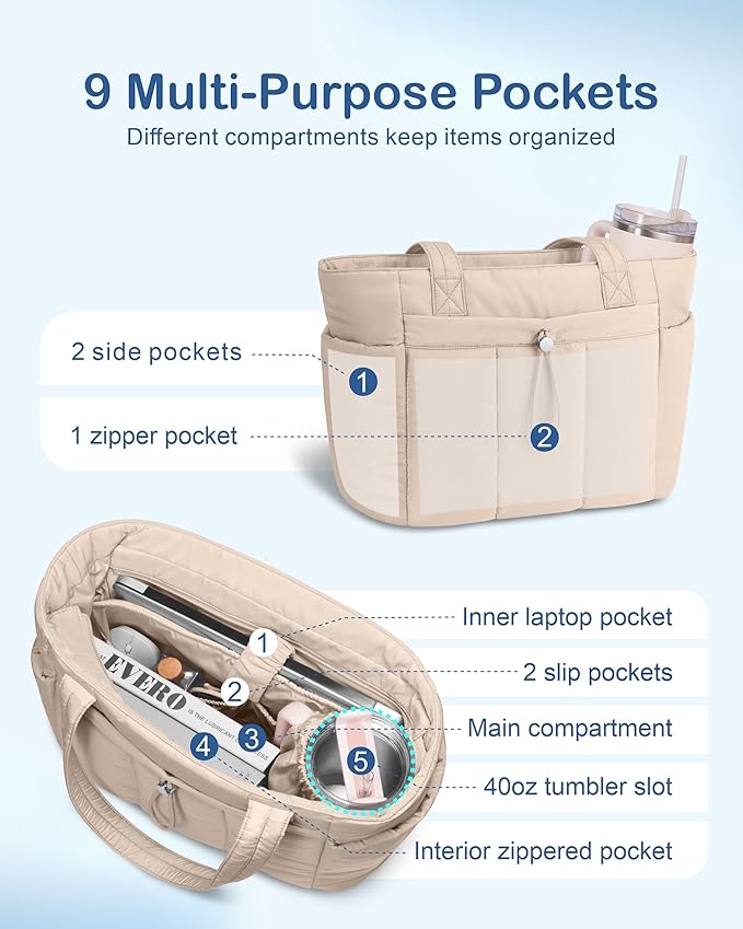 TOPDesign Puffy Tote Bag for Women with Cup Holder & Laptop Compartment & Cosmetic Bag & Trolley Sleeve for Work, Travel
