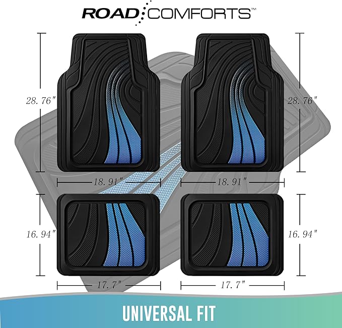 Road Comforts Car Floor Mats Full Set – Front & Rear Car Floor Mats with Aluminum Design, Anti-Slip Backing, All-Weather Protection, Trim-to-Fit Car Mats for Most Sedans, SUVs & Vans - - Blue