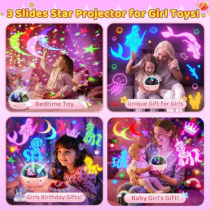 PIKOY Girl Toys, 【3 Slides+96 Projections】 Star Projector & Unicorn Toys & Princess Toy, 2-8 Year Old Girl Birthday Gift, Juguetes para Niñas, Toys for Girls 8-10, Princess Room Decor & Mermaid Toy