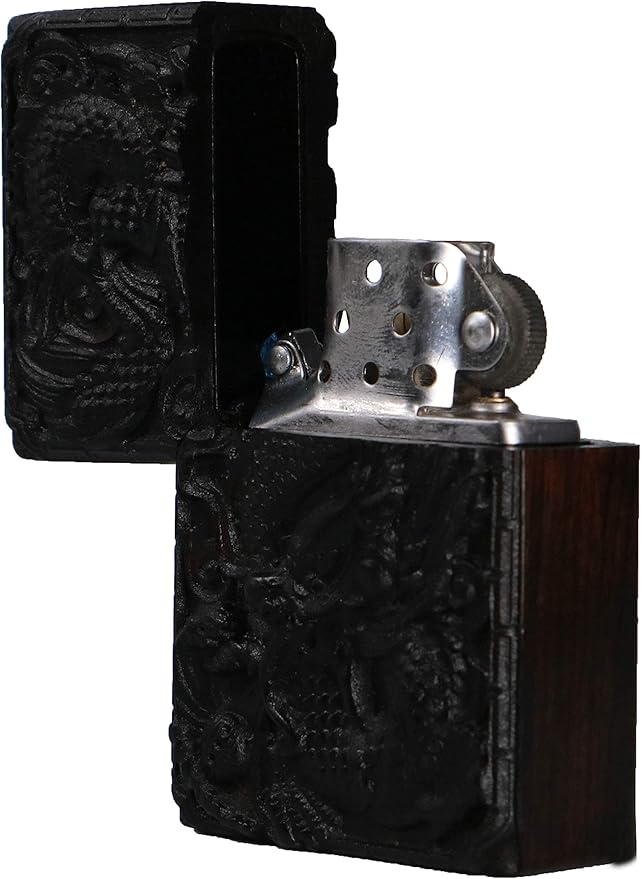 Natural Ebony Black Wood Carved Lighter Shell Box For Zippo Module (Dragon Phoenix)