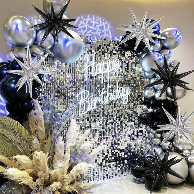 6PCS Black Silver Star Balloons, 22Inch Large Star Balloon Explosion Foil Balloons Cone Spike Balloon for Birthday Graduation Wedding Halloween New Year Party Decorations