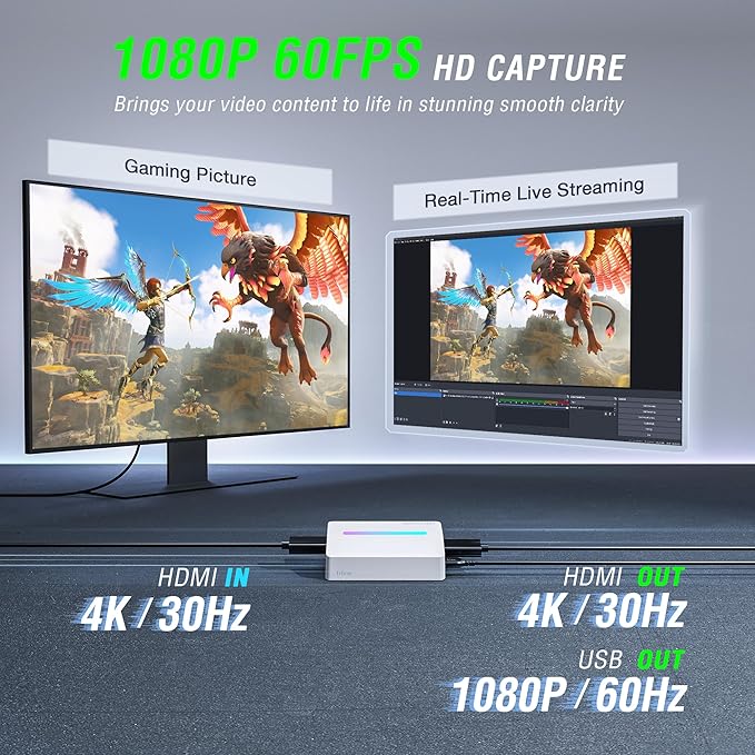 Fifine AmpliGame Gaming Capture Card USB 4K HDMI, 1080P Audio Video Capture Card for OBS Streaming with RGB, HDMI in/Out Compatible for Switch/XBOX/PS5/Computer-V3 White