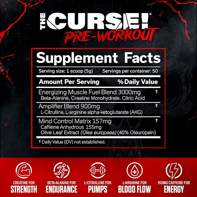 JNX SPORTS The Curse! Pre Workout Powder for Men & Women, Caffeine, Beta-Alanine, Creatine, L-Citrulline, 50 Servings, Lemon Rush Flavor – Boost Energy, Strength & Focus