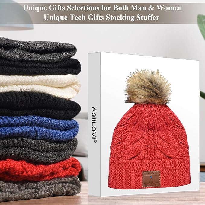 Bluetooth Beanie, Double-Layer Wool Lining Bluetooth Hat Beanie with Pom Pom for Women/Teen Girls/Family, 20hrs Playing, Gift Packaging for Christmas Stocking Stuffers Thanksgiving (03-Red)