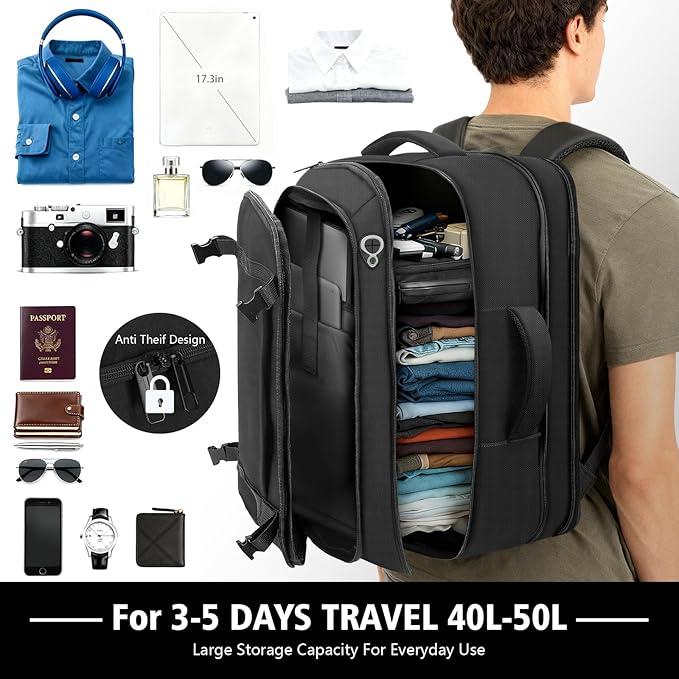 Travel Backpack,40-50L Expandable Carry On Backpack with USB Cable Port Fits 17.3 Inch Laptop Bag,Water Resistant Weekender Backpack for Men Women Business,Hiking,Daily Commuting,Black