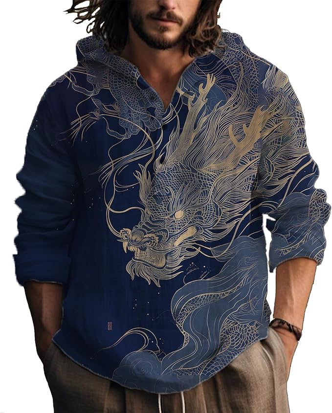 MARSVOVO Hooded Long Sleeve Shirt Men Fashion Graphic Button Up Lightweight Big and Tall Casual Vacation Shirts for Men