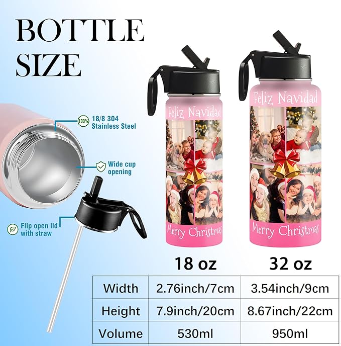 Personalized Photo Water Bottles, 18oz/32oz Custom Pictures Text Stainless Steel Insulated Sport Water Bottle with Straw Lid & Handle, Customized Cup Gifts for Men Women Birthday Anniversary Christmas