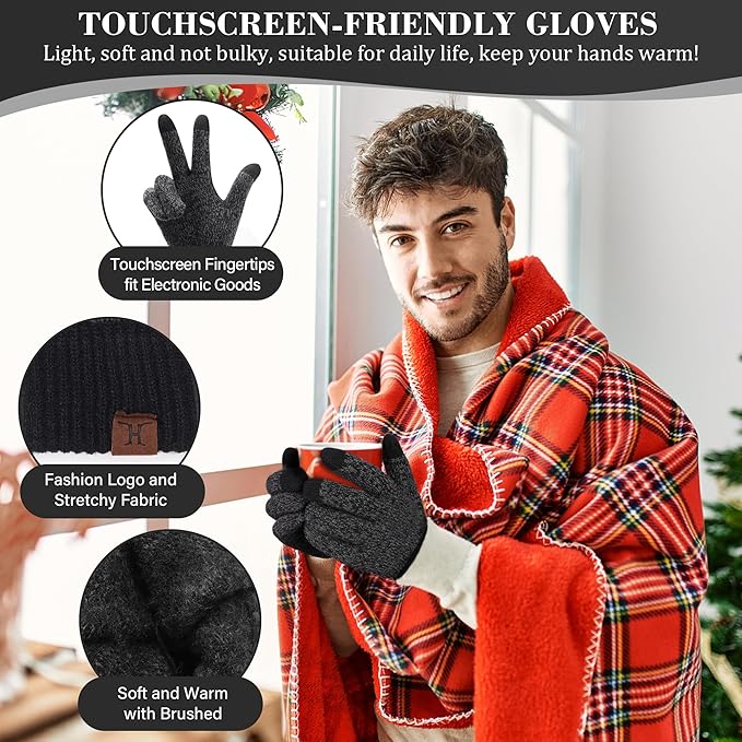 FZ FANTASTIC ZONE Mens Winter Knit Hat Beanie Long Neck Scarf Touchscreen Gloves Set Fleece Skull Caps Gifts for Men Women