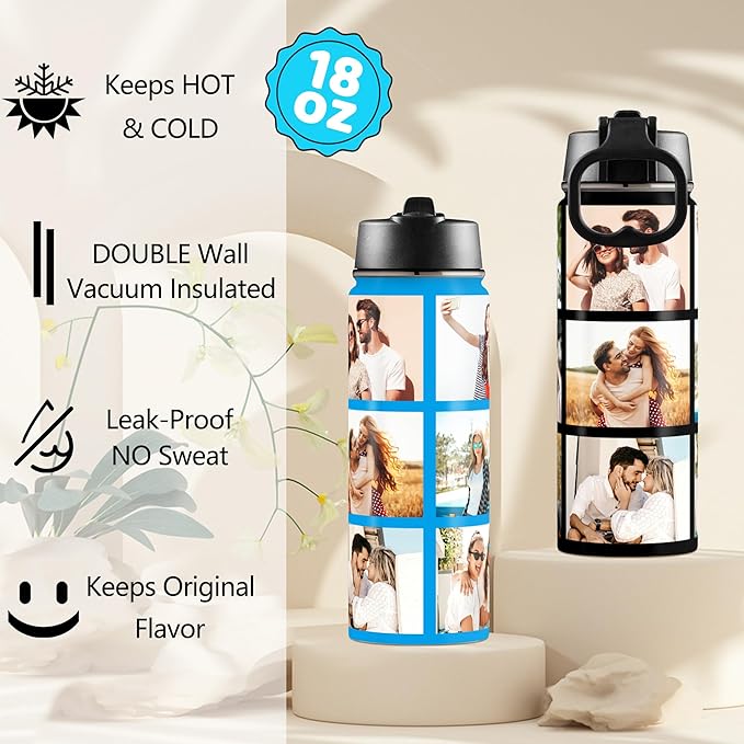 Personalized Photo Water Bottle with Straw Lid, 18 oz/32 oz Custom Stainless Steel Sports Water Bottle with 1-9 Picture Name or Text-Double Wall Vacuum Insulated Gift Cup for Kids Women Men