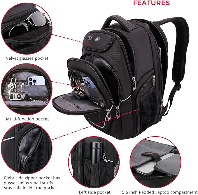 Swissdigital Design TSA Laptop Backpack Men's USB Charging Port Large Capacity Business Travel Backpack Black| With Apple Find My Network Black/Red | J16BTFB-41