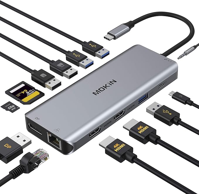 USB C Docking Station Dual Monitors 13 in 1 Triple Display USB C Hub for Windows with Dual HDMI 4K, DP, PD Charger, Gigabit Ethernet, 5 USB Ports, SD/TF Card Reader, Mic/Audio for Lenovo HP Dell XPS