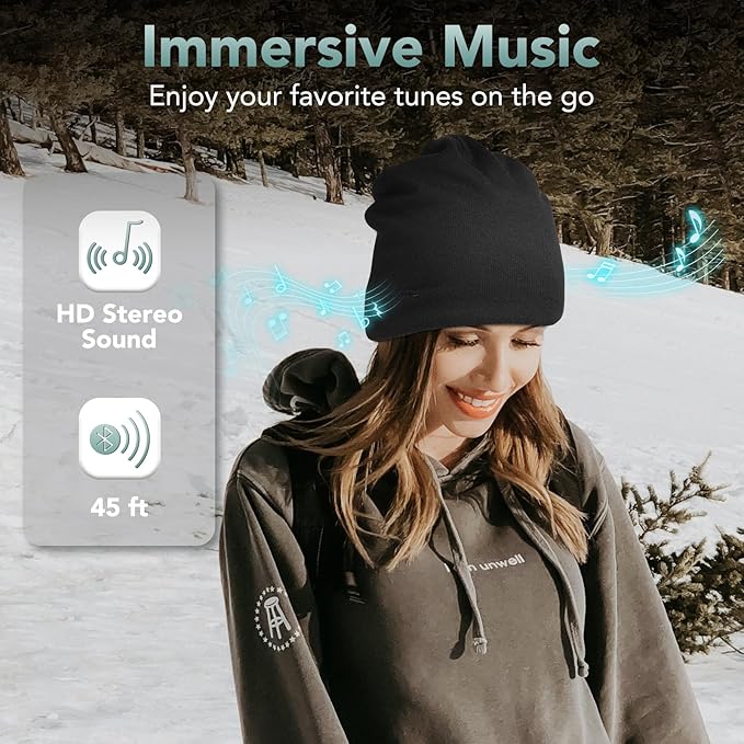 Bluetooth Beanie, Wireless Beanie Headphones, Stylish Sleek Shape Bluetooth Hat, HD Stereo Sound, Built-in Mic, Tech Gifts for Men Women Friends Family Teens Boys Girls (Black)