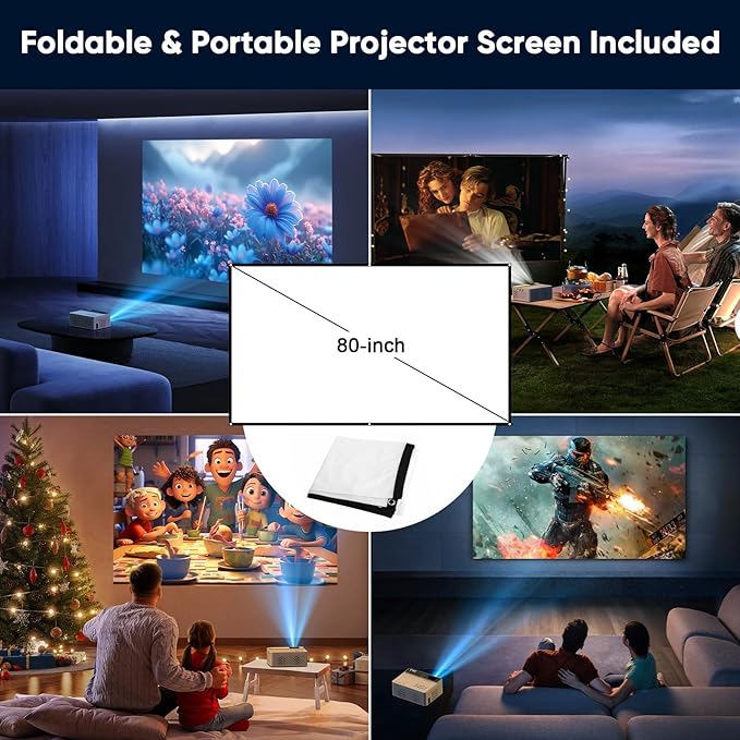 TMY 1080P Full HD Portable Mini Projector, Upgraded Bluetooth Movie Projector with Screen, Compatible with TV Stick Smartphone/HDMI/USB, Indoor & Outdoor Use