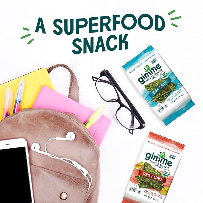 Gimme Seaweed Organic Premium Roasted Seaweed Snacks, New 6 Flavor Variety Pack, 12 Count (2 Each) Keto, Vegan, Gluten-Free, Source of Omega3s and Iodine, Healthy On-The-Go Snack for Kids and Adults
