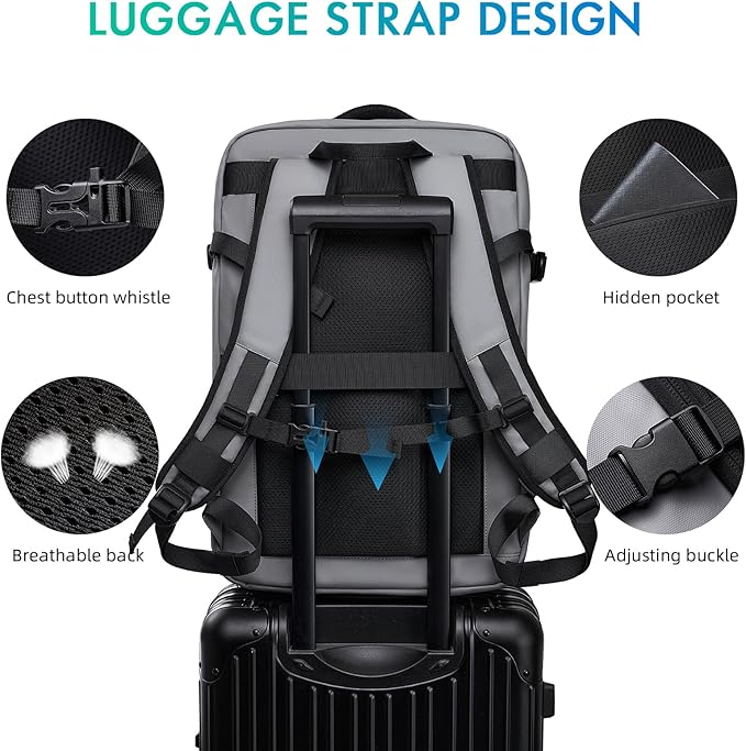 Carry on Backpack Airline Approved for Men, Travel 50L Expandable backpack Luggage Fits 17.3 Inch Laptop with USB Charging Port(grey)