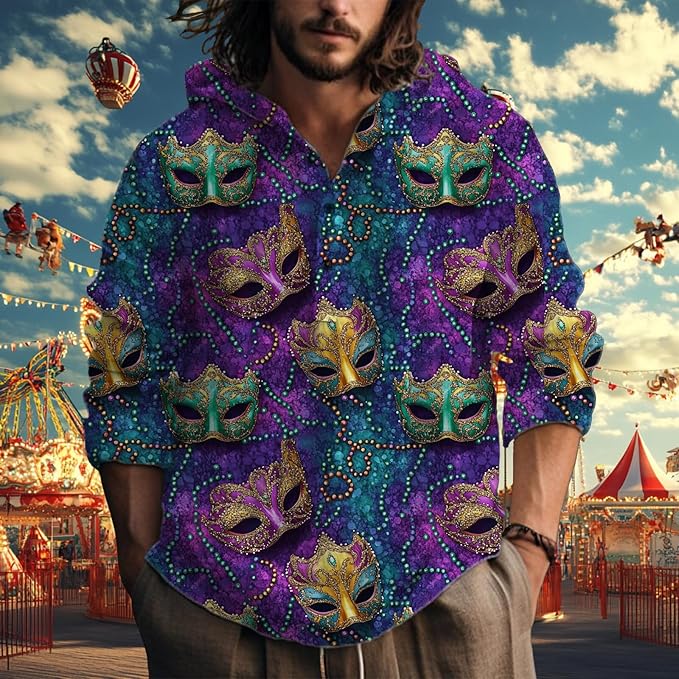 MARSVOVO Hooded Long Sleeve Shirt Men Fashion Graphic Button Up Lightweight Big and Tall Casual Vacation Shirts for Men
