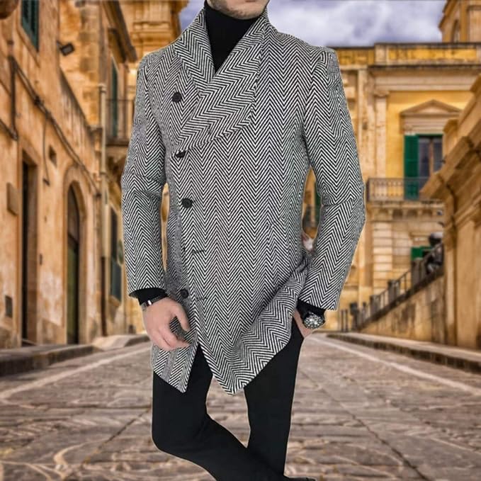 Men's Plaid Long Trench Coat Mid - Length Lapel Collar Button Down Warm Overcoat for Winter & Autumn Fashion