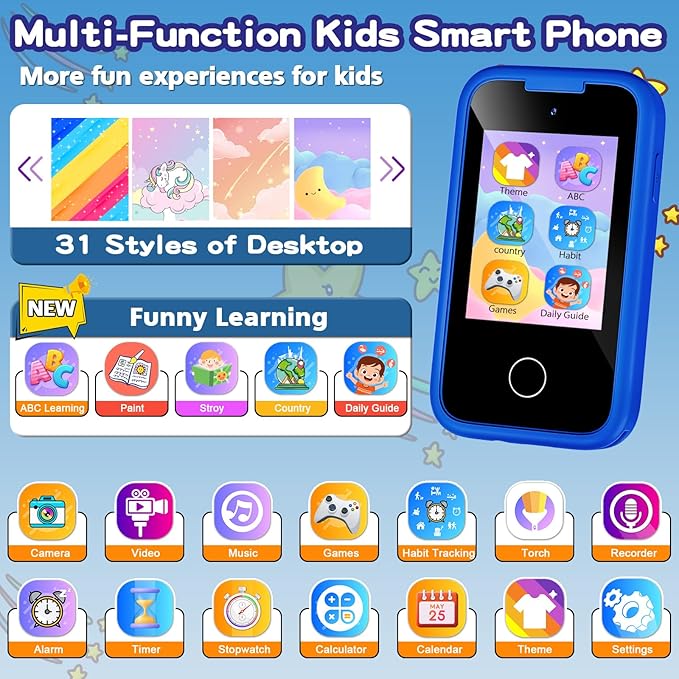 Kids Phone for Boys, Christmas Birthday Gifts for Boy Girl Age 3-10 Kids Toys Cell Phone, 2.8" Touchscreen Toddler Learning Play Toy Phone with Dual Camera, Game, Music Player, 8GB Card Blue