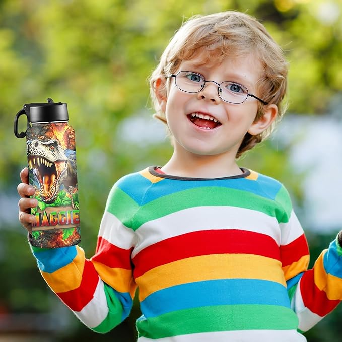 Personalized Dinosaur Water Bottles for Boys with Straw Lid Custom Sports Water Bottle for School Customized Name Stainless Steel Double Wall Insulated Cup Birthday Gifts for Kids Style17