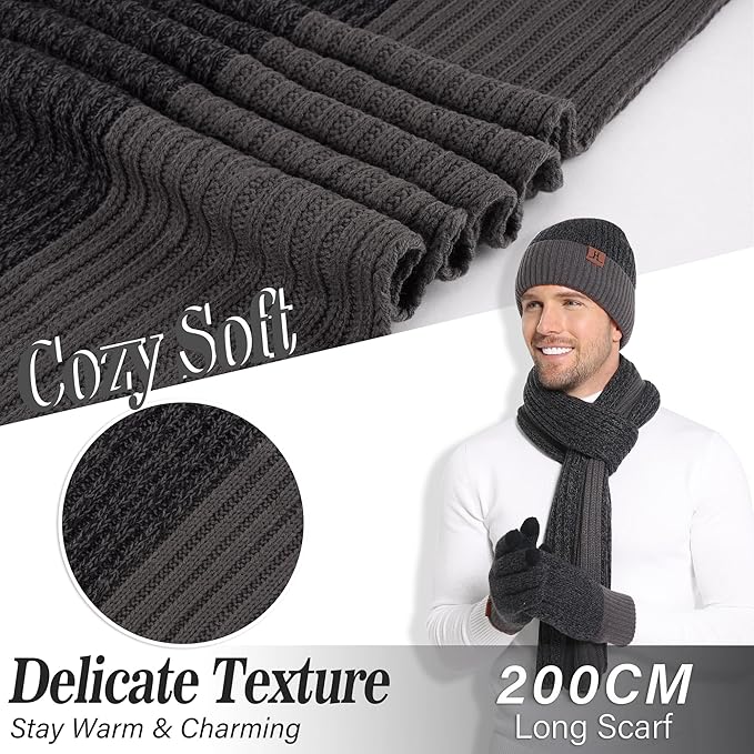 FZ FANTASTIC ZONE Mens Winter Knit Hat Beanie Long Neck Scarf Touchscreen Gloves Set Fleece Skull Caps Gifts for Men Women